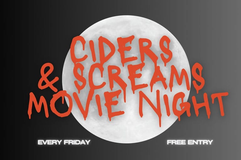 Ciders and Screams Movie Night graphic over a full moon