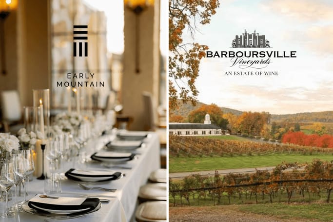 A set dinner table at Early Mountain beside the Barboursville vineyard in fall color