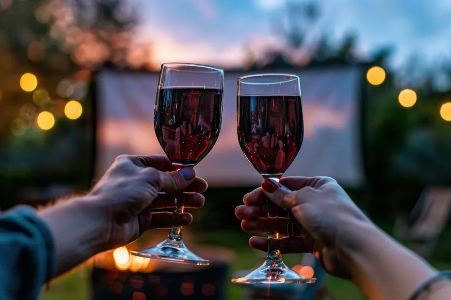 Two glasses of red wine raised in front of an outdoor movie screen at dusk