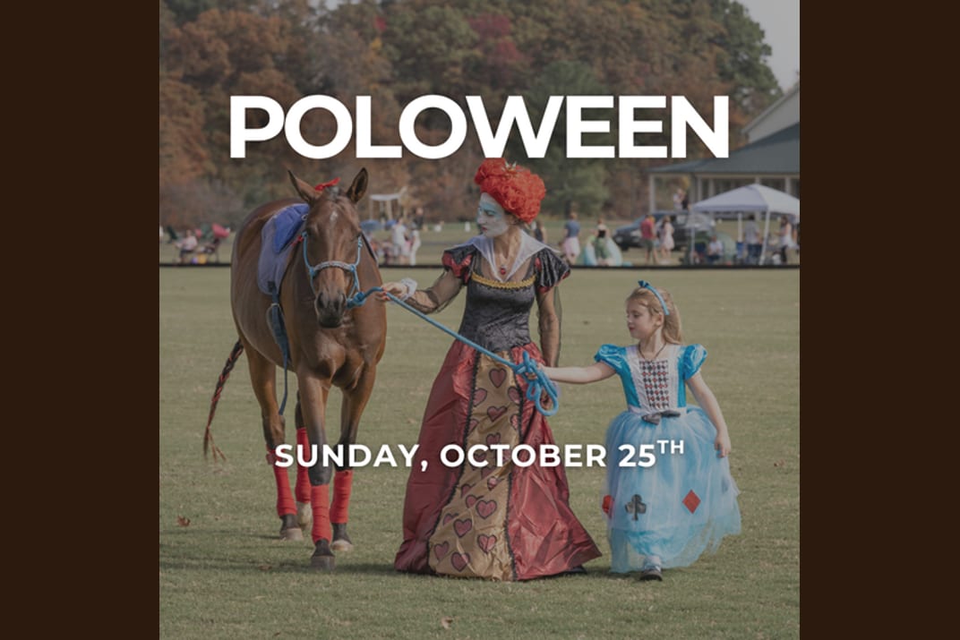 A polo pony led across the field by a costumed woman and a little girl in a princess dress